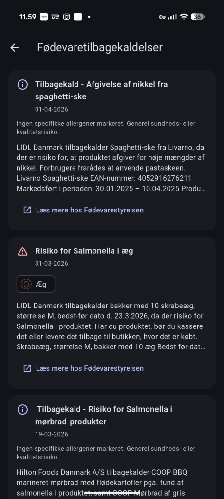 Allegre App'ens fødevaretilbagekaldelser