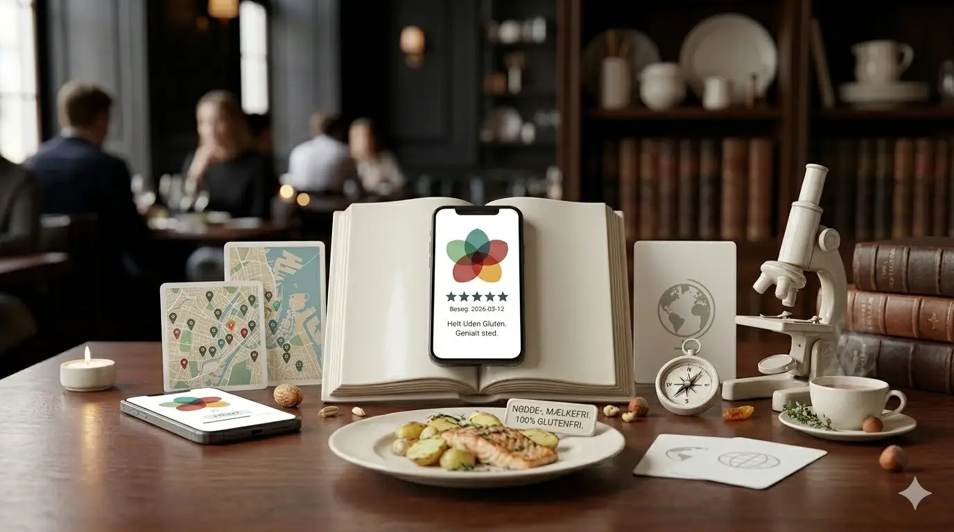 Et bord på en restaurant med forskellige artefakter. Bøger, kort og en telefon med en åben Allegre app